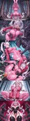 ai_generated alice_(nikke) bodysuit breasts collar comic defeated defeated_heroine dildo female_ejaculation goddess_of_victory:_nikke large_breasts latex_bodysuit long_hair object_insertion open_mouth restrained sex_toy tail twintails vaginal vaginal_object_insertion villain_party69 white_hair