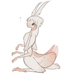 2_fingers 3_toes 4_arms alien antennae_(anatomy) anthro arm_tuft arthropod arthropod_abdomen arthropod_abdomen_genitalia arthropod_abdomen_vulva ass black_eyes chest_tuft elbow_tuft feet female fingers fluffy fur genitals gradient_body gradient_fur hair hand_on_cheek hi_res insects leg_tuft lepidopteran looking_at_viewer looking_back looking_back_at_viewer moth multi_arm multi_limb nychora pink_body pink_skin pink_vulva pink_wings question_mark rear_view short_hair sitting slim solo tateoftot toes translucent translucent_wings tuft vulva white_body white_fur white_hair wings