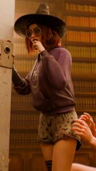 3d assisted_exposure before_rape before_sex dbd dead_by_daylight glasses mikaela_reid red_hair saltyu short_hair shorts socks surprise_sex sweater witch witch_hat