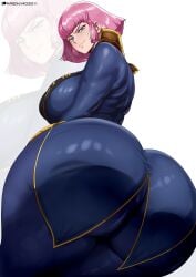 1girls arcedo ass ass_bigger_than_head ass_bigger_than_torso ass_focus big_ass big_breasts bottom_heavy breasts bubble_butt busty clothing fat_ass female female_only gluteal_fold gundam gundam_zz haman_karn huge_ass large_ass large_breasts looking_at_viewer looking_back low-angle_view massive_ass pink_hair png smile solo thick_ass thick_thighs thunder_thighs wide_hips zeta_gundam
