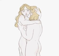 a_song_of_ice_and_fire cersei_lannister closed_eyes exposed_breasts fully_nude game_of_thrones incest jaime_lannister male/female male_on_female neck_kiss open_mouth saccharinecoffee sibling_incest twincest