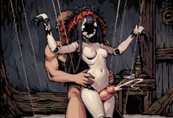 1boy 1girls ai_generated black_hair black_skin blunt_bangs breasts broken_face choker collar cracks cum cumdrip doll doll_girl doll_joints ejaculation female hand_on_hips headwear horror horror_(theme) joints long_hair male marion_(paigen) marionette medium_breasts monster_girl nipples no_face original original_character paigen pixel_art porcelain puppet puppet_girl puppet_strings pussy red_headwear strings thigh_job thigh_sex thorn_crown two-tone_body two-tone_skin white_skin wreath