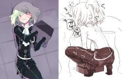 2boys androgynous ass ass_focus blowjob blush bob_cut clothed clothing embarrassed femboy femboy_focus forced forced_oral handcuffed handcuffs lio_fotia oral oral_sex petite petite_body petite_male promare short_hair slim slim_male slim_waist solo_focus tears tight_clothing twink