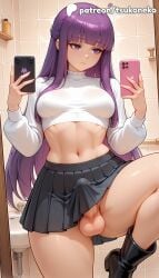 1boy 1futa 2026 ai_assisted ai_generated anime artist_name bathroom brick_wall cellphone cock crossdressing dick explicit fern_(sousou_no_frieren) frieren_beyond_journey's_end futanari hi_res high_quality high_resolution highres holding holding_phone iphone long_hair looking_at_phone mirror on_floor otoko_no_ko patreon patreon_username penis perineum phimosis phone purple_eyes purple_hair restroom selfie skirt smartphone solo sousou_no_frieren stable_diffusion taking_picture testicles tile_floor tile_wall tiles toilet toilet_paper tsukoneko watermark