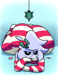 1boy adorable adorable_face angry_face ant ant_boy ant_humanoid anthro anthro_humanoid arm_warmers armwear arthropod ass_up big_butt big_butt_(male) bow bow_in_hair breath_cloud checkers_(eocvevo) christmas cute embarassed eocvevo facial_hair femboy gay gay_male leggings lewdyant mistletoe mistletoe_above_hindquarters peppermint peppermint_(candy) pouting red_shirt snow striped_armwear striped_legwear stubble
