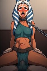 1boy 1girls ahe_gao ahsoka_tano ai_generated chain_leash female leashed_collar male orange_skin perchance_ai riding_penis sex sex_slave star_wars vaginal_sex womb_bulge