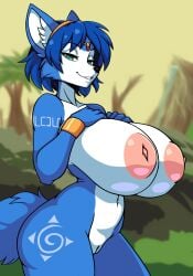 animal_ears animal_nose anthro arm_tattoo blue_fur blue_hair body_fur breasts closed_mouth collarbone completely_nude cowboy_shot female fox_ears fox_girl fox_tail furry furry_female green_eyes iggy-bomb krystal krystal_(star_fox) large_breasts leg_tattoo looking_at_viewer navel nintendo nipples nude pussy short_hair smile solo standing star_fox stomach tail tattoo twotone_fur uncensored white_fur