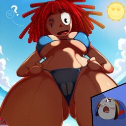 2girls beach female female_only living_dolls looking_at_another looking_at_partner looking_up oddrich pomni pomni_(tadc) pomni_(the_amazing_digital_circus) ragatha ragatha_(tadc) ragatha_(the_amazing_digital_circus) red_hair sky sun the_amazing_digital_circus