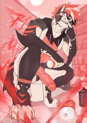 animal_genitalia animal_penis anthro big_penis black_body black_fur canid canine canine_genitalia canine_penis claws crouching erection exsys fin fish front_view fur genitals gills hair hybrid looking_at_viewer male mammal marine mostly_nude_anthro mostly_nude_male penis red_eyes red_hair shark sharp_teeth solo tail tail_fin teeth toe_claws