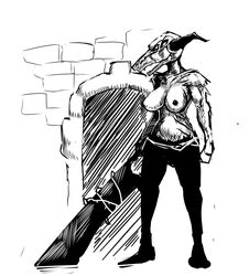 breasts capra_demon dark_souls female female_only fromsoftware front_view greyscale looking_right monochrome overhand_grip rule_63 solo standing sword weapon