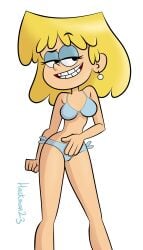 1girls bare_shoulders barefoot bikini blonde_female blonde_hair blue_bikini blue_panties breasts_out earrings eyelashes female female_focus female_only hackman23 half-closed_eyes light-skinned_female light_skin lori_loud nickelodeon nicktoons panties short_hair simple_background smile solo solo_female solo_focus teenage_girl teenager the_loud_house white_background