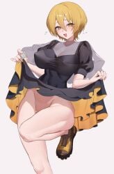 blonde_hair bottomless chunta don_quixote_(limbus_company) female holding_condom lifting_skirt limbus_company no_panties project_moon shoes smiling solo