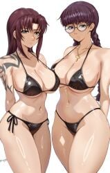 2girls alternate_background alternate_version_available big_breasts bikini bikini_bottom bikini_top black_bikini black_lagoon blue_eyes bottomwear braid braided_hair brown_eyes brown_hair cleavage eyewear female female_only glasses hair harutoyumaarts hips huge_breasts long_hair necklace neckwear revy roberta round_glasses simple_background swimwear tattoo tattoo_on_shoulder tattooed_arm tattoos thick_thighs thighs topwear white_background