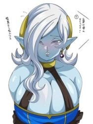 artist_request blue_body blue_clothes blue_clothing blue_skin blush boobs breasts cleavage clothed clothes clothing compression_artifacts demon demon_girl dragon_ball dragon_ball_xenoverse ear_piercing ear_ring earrings elf_ears female female_focus female_only hair_covering_eye huge_breasts large_breasts low_res lowres pointy_ears potara_earrings purple_eyes simple_background solo source_not_archived towa white_background white_hair