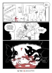 anthro blood bodily_fluids canid canine canis clothing comic dialogue eating english_text female gore hi_res human khulico_(ttux3) lagomorph leporid male mammal minh_(ttux3) nude pina_(ttux3) rabbit ram_(ttux3) rodent sciurid size_difference squirrel text the_hub tree_squirrel ttux3 url violence wolf