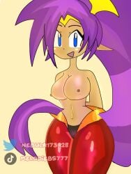 1girls big_ass big_breasts big_butt blue_eyes female female_only looking_at_viewer nebula173928 no_bra purple_hair shantae shantae_(character) simple_background simple_coloring simple_shading smile smile_at_viewer solo violet_hair
