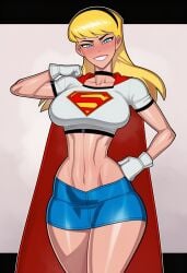 blonde_hair blushing cape close curvy dc dc_comics eye focus hair half-closed_eye hip hips hourglass image minicop2001 narrow novelai red reference seductive short smile supergirl sweaty thong waist wide
