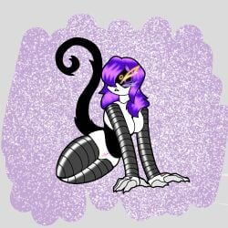black_fur clawed_fingers eyelashes eyeliner female_only kiki_kitty murder_drones no_background no_clothes no_feet no_genitals no_visible_genitalia purple_eyes purple_hair robot_girl solo solo_female tail thick_thighs uzi_(murder_drones)