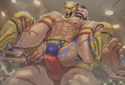 2boys abs ai_generated animal_head arena balls bara blue_bottomwear blue_clothing blush bulge bulge_through_clothing capcom full_nelson gay groping king_(tekken) latino lifting_person male male/male male_only mexican_male muscles muscular muscular_male russian_male street_fighter suplex tekken wrestling yaoi zangief