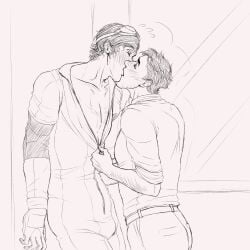 closed_eyes dispatch_(game) elevator gay kissing makeout male male_only nixsuuuuuu robert_robertson unzipped waterboy_(dispatch) yaoi