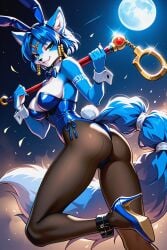 1woman ai_generated anthro aqua_eyes aqua_eyes_female arm_tattoo big_breasts black_mascara black_pantyhose blue_bowtie blue_bunnysuit blue_fur blue_hair blue_hair_female blue_heels body_fur bowtie bunny_costume bunnysuit canid canine canis cotton_tail female female_only fluffy_tail fox fox_ears fox_tail fox_woman full_moon furry furry_female furry_fox furry_only gem holding_object holding_staff hourglass_figure hourglass_figured_female jewelry krystal_(star_fox) mascara mature_female night night_sky nintendo pantyhose pendant playboy_bunny playboy_bunny_costume smile smiling smiling_at_viewer smiling_female smirk smirking smirking_at_viewer smirking_face solo star_fox stiletto_heels white_fur