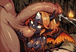 1boy 1girls afrit ai_generated biting biting_balls black_sclera black_skin breasts claws cracked_body cracked_skin cracks cracks_in_body crystal crystal_horn cum cumdrip demon demon_girl ejaculation fellatio female fire_elemental fire_girl fire_hair flaming_hair gem gem_eyes hand_on_balls horns ifrit imp ingrid_(paigen) large_breasts male minigirl monster_girl nipples on_fire oral orange_hair orange_tongue original original_character paigen penis_on_head pixel_art pointy_ears red_hair sharp_nails sharp_teeth sharp_toenails short_hair small_female talons tiny_female two-tone_hair white_eyes wings