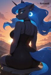 ai_generated anthro black_clothing black_dress blue_body blue_eyes blue_fur blue_hair breasts choker clothing cloud crown dress ear_piercing equid equine ethereal_hair ethereal_tail female friendship_is_magic fur furry hair hi_res horn jewelry looking_at_viewer looking_back looking_back_at_viewer mammal mountains my_little_pony necklace piercing plant princess_luna_(mlp) rock sitting smile solo sun sunset tree unicorn
