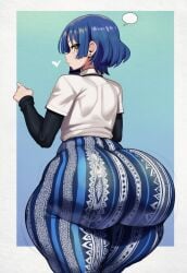 1girls ai_generated amiamia ass big_ass big_butt blue_hair blue_pants bocchi_the_rock! bubble_ass bubble_butt earrings female female_only flare_pants forbidden_pants goghkunn long_sleeves looking_back looking_back_at_viewer tight_clothes tight_pants white_shirt yamada_ryou yellow_eyes
