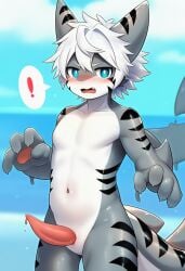 changed_(video_game) male male_only non-human non-human_only shark shark_humanoid shark_tail solo tapering_penis tiger_shark tiger_shark_(changed) unusual_penis young