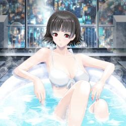 1girls alluring atlus bare_legs bathhouse bathing bikini brown_hair crimson_eyes hasi in_water makoto_niijima persona persona_5 sega window
