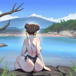 ai_assisted ai_generated artist_name ass back backboob black_panties breasts brown_hair chun-li double_bun facing_away female from_behind hair_bun lake large_breasts nay_juno outdoors panties ribbon shoulder_blades sitting sky solo street_fighter street_fighter_6 topless_female underwear water