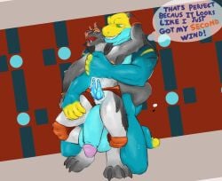 2_penises animal_genitalia animal_penis attribute_theft avian balls barefoot big_penis bird bodily_fluids clothing coagulis cocky_smile collared_lizard draconic_burners duo english_text feet fingerless_gloves flaccid galliform genital_piercing genitals gloves glowing glowing_genitalia glowing_penis growth handwear hemipenes hi_res huge_cock hybrid hyper hyper_genitalia hyper_penis knee_pads lizard male male/male monroe_lehner multi_genitalia multi_penis peafowl penis penis_piercing phasianid piercing reptile scalie size_difference size_theft snake surprised sweat sweatdrop text