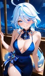 ai_generated blue_eyes cleavage cleavage_window curvy_figure elegant elegant_dress evening_dress furina_(genshin_impact) genshin_impact hoyoverse mihoyo normal_breasts sexy sexy_body sexy_pose smile white_hair