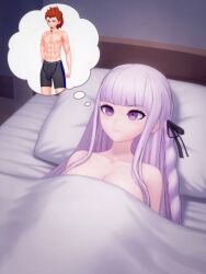 1boy 1girls ai ai_art ai_generated bed bed_sheet blue_eyes covered_breasts covered_nipples danganronpa danganronpa:_trigger_happy_havoc danganronpa_1 edit edited edited_art fantasizing fantasy grok grok_edit grok_imagine kirigiri_kyouko kuwata_leon lavender_eyes lavender_hair light-skinned_female light-skinned_male light_skin muscular muscular_male nude nude_female pompadorkz red_hair think_bubble thinking thinking_about_another thinking_of_someone_else underwear