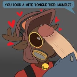 1:1 2026 antlers bell bell_collar belle_(pansagge) blush blush_lines bodily_fluids clothed clothing collar deer digital_media_(artwork) duo engineer_(team_fortress_2) female gas_mask genital_fluids genitals headgear heart_eyes heart_symbol hi_res horn huge_cock human humanoid humanoid_genitalia humanoid_penis male male/female mammal mask pansagge penis penis_on_face precum pyro_(team_fortress_2) simple_background team_fortress_2 text valve valve_corporation