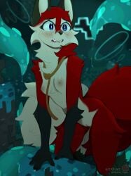 anthro blue_eyes breasts canid canine cheek_tuft dipstick_tail facial_tuft female fluffy fluffy_tail fox fur genitals hi_res mammal markings microsoft minecraft mochii_tiger mojang red_body red_fur small_breasts solo solo_focus tail tail_markings tentacle tentacle_creature tuft vixy_(hyilpi) vulva xbox_game_studios