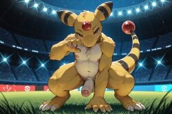 3_toes 5_fingers ai_generated ampharos anthro balls black_stripes brown_eyes claws crouching feet fighting_pose fingers foreskin fur generation_2_pokemon genitals grass half-closed_eyes hi_res humanoid_genitalia humanoid_penis looking_at_viewer male markings multicolored_body multicolored_fur muscular narrowed_eyes night nintendo nipples nude penis plant pokemon pokemon_(species) pose sky smile solo spotlight stadium star starry_sky stripes tail tail_markings toes two_tone_body two_tone_fur two_tone_tail yellow_body yellow_fur