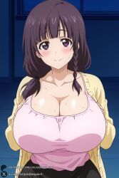 1female 1girls 2026 ai_generated artist_name bangs big_ass big_breasts black_skirt blush braid breasts brown_hair cardigan cleavage closed_mouth collarbone curvy female hair_over_shoulder hands_on_own_chest hi_res high_quality high_resolution highres huge_ass huge_breasts long_hair looking_at_viewer matsukaze_mayu_(nande_koko_ni_sensei_ga!?) nande_koko_ni_sensei_ga!? open_cardigan open_clothes patreon patreon_username pink_shirt purple_eyes shirt skirt smile solo sweat twin_braids unjobdespiert upper_body watermark