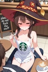 ai_generated apron blush brown_hair coffee kono_subarashii_sekai_ni_shukufuku_wo! megumin public pulling_clothing red_eyes sign sitting_on_lap smug starbucks witch_hat
