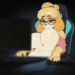 accessory ai_generated animal_crossing animated anthro belly canid canine canis clothed clothing computer_keyboard computer_monitor computer_mouse dark_eyes depth_of_field domestic_dog eyewear female fur gaming_chair glasses hair_accessory hair_tie isabelle_(animal_crossing) large_breasts mammal narrowed_eyes navel nintendo nipple_fetish nipple_play nipple_suck off_shoulder self_suckle sitting solo sucking sucking_breasts_meme yellow_body yellow_fur
