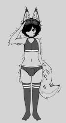 1boy animal_ears animal_tail belly_button bra bulge choker goggles_on_head greyscale hair_over_one_eye midriff motion_lines roblox roblox_game robloxian salute short_hair source_request standing stomach tagme thegreatavv thighhighs underwear