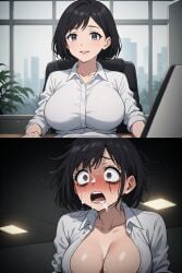 ai_generated before_and_after big_breasts blush cum_in_mouth cum_on_face messy_hair office_lady perchance_ai running_mascara shocked_expression split_screen