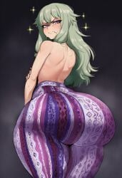 1girls ai_generated amiamia ass ass_bigger_than_head ass_focus big_ass big_butt blush blushing_at_viewer bubble_ass bubble_butt embarrassed embarrassed_female female female_only flare_pants flat_chest flat_chested flustered forbidden_pants goghkunn green_hair kusanagi_nene long_hair looking_at_viewer looking_back looking_back_at_viewer no_shirt no_top only_pants pants_only project_sekai purple_eyes