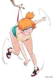 allbeatnik aqua_shorts areola_slip ass assisted_exposure bare_shoulders blue_eyes blush branch breasts clothing collarbone cutoffs denim denim_shorts downblouse female footwear full_body green_shorts kasumi_(pokemon) leg_up motion_lines no_bra open_mouth orange_hair panties pokemon pokemon_(anime) pokemon_(classic_anime) pokemon_rgby ponytail red_panties shirt shoes short_hair short_shorts shorts side_ponytail simple_background slingshot_swimsuit small_breasts sneakers socks solo solo_focus standing standing_on_one_leg strap_slip suspenders sweat tank_top tearing_up tears thong tongue twitter_username underwear wedgie white_background white_socks yellow_shirt yellow_tank_top