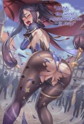 1girls ai_generated anus ass big_butt bodystocking breasts canonical_scene closed_eyes covering_breasts covering_crotch crowd dialogue embarrassed english english_text female from_behind full-face_blush genshin_impact hoyoverse humiliation large_ass leaning_forward leotard mihoyo mona_(genshin_impact) nipple_slip nipples nokani public public_exposure pussy self_upload silhouette skin_tight small_breasts talking tearing_clothes tearing_up text thick_thighs torn_clothes wide_hips wind witch_hat yelling