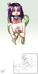 1girls ball_gag beast_boy bondage breasts dc dc_comics dcau depowered female gag medium_breasts navel nipples nude purple_hair rachel_roth raven_(dc) red_eyes saneperson short_hair straight_hair sweat teen_titans tentacle tied