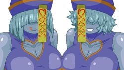 2d 2girls 2girls1boy = animated censored_balls covered_eyes game_cg game_over hyper_ass imminent_rape imminent_sex jiangshi jiangshi_costume karaage_catapult no_sound pixel_animation pixel_art purple_body purple_skin teal_hair