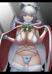 1girls alternate_version_at_source alternate_version_available big_breasts bra breasts cape christmas_outfit closed_mouth cosplay fake_animal_ears feet_out_of_frame female female_only girls'_frontline gloves large_breasts looking_at_viewer mojamozanari morridow_(girls'_frontline) navel panties revealing_clothes vsk-94_(christmas_eve_detective)_(girls'_frontline) vsk-94_(girls'_frontline) white_hair yellow_eyes