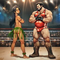 2boys ai_generated ass black_hair dark-skinned_femboy fat_man femboy gay grass_skirt imminent_sex male male/male male_only musclegut muscular muscular_male penis_bulge size_difference staredown tan_body tan_skin tribal weight_difference wrestling wrestling_ring yaoi