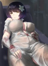 1girls bandages big_breasts black_hair breasts cleavage clothing couch covered_nipples dress feet_out_of_frame female female_only flower flower_in_hair girls'_frontline large_breasts laying_down laying_on_back looking_at_viewer lying_down lying_on_back machlian_(girls'_frontline) nipples reclining shu70077 underboob yellow_eyes